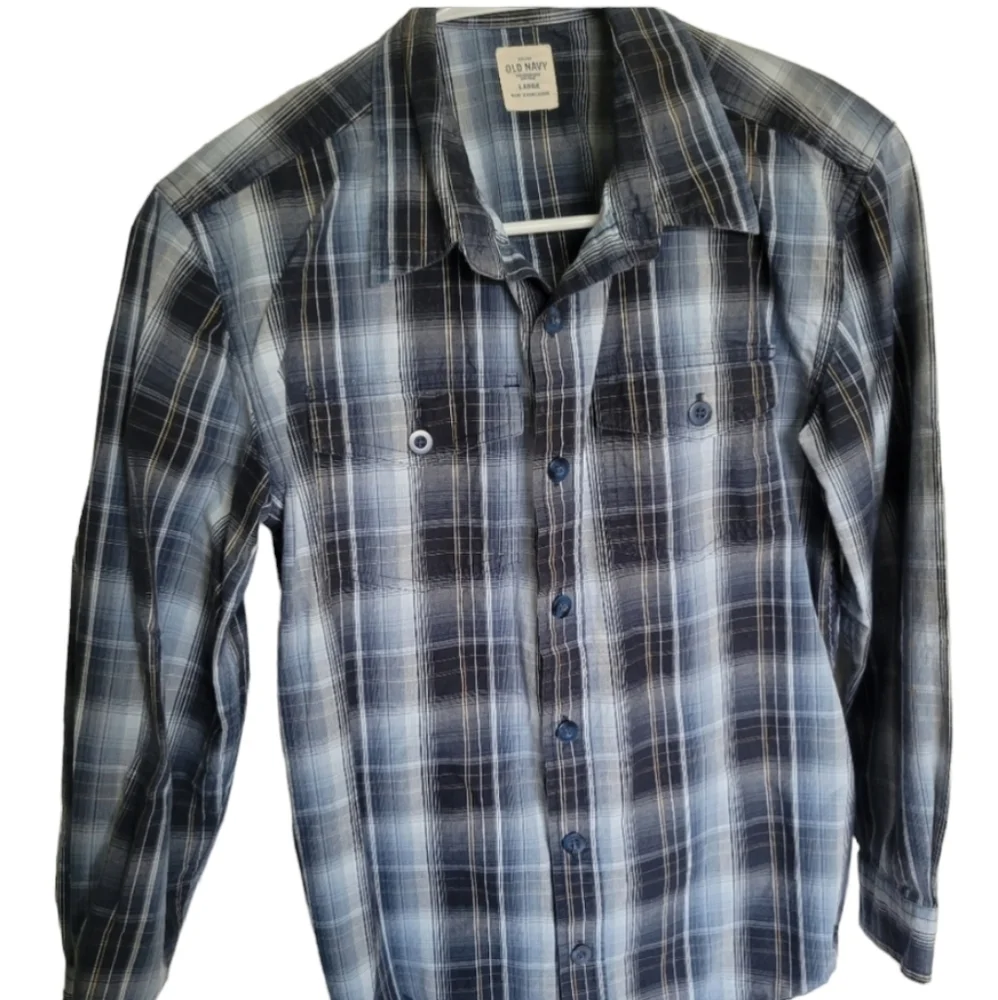 Old Navy Kids Blue and Gray Plaid Button Up Shirt- Large